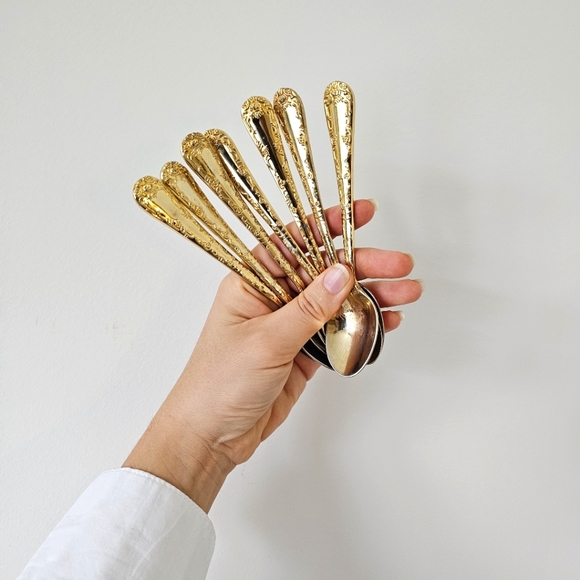 Vintage Wm. Rogers & Son China Gold Plated Enchanted Rose Teaspoons Set of 7 - Picture 3 of 16